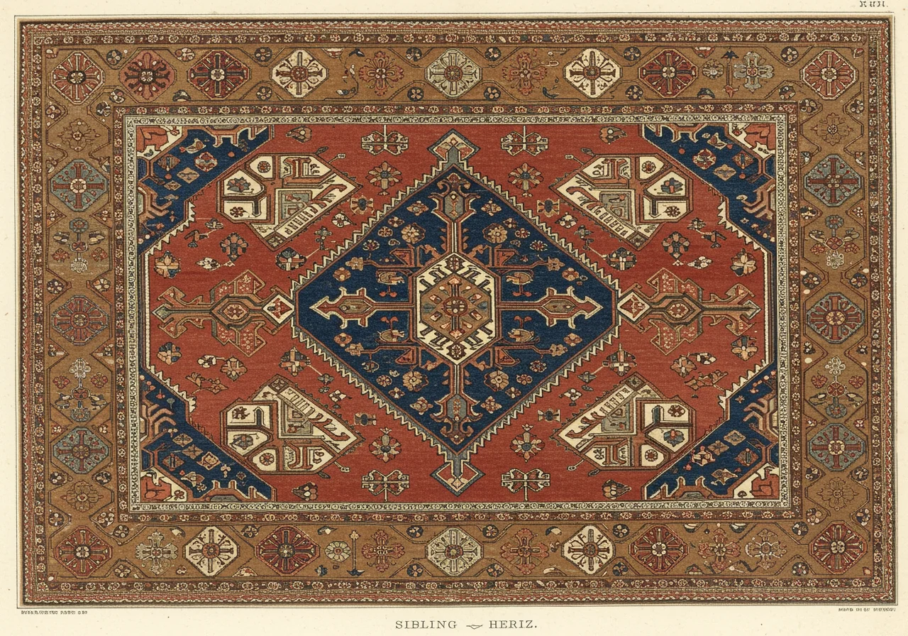 A Heriz rug with stepped octagonal indigo medallion on a brick-red field, ivory spandrels stepped to mirror the medallion, walnut-brown border with stylised vine — every motif rectilinear in pointed contrast to Tabriz's curvilinear vocabulary