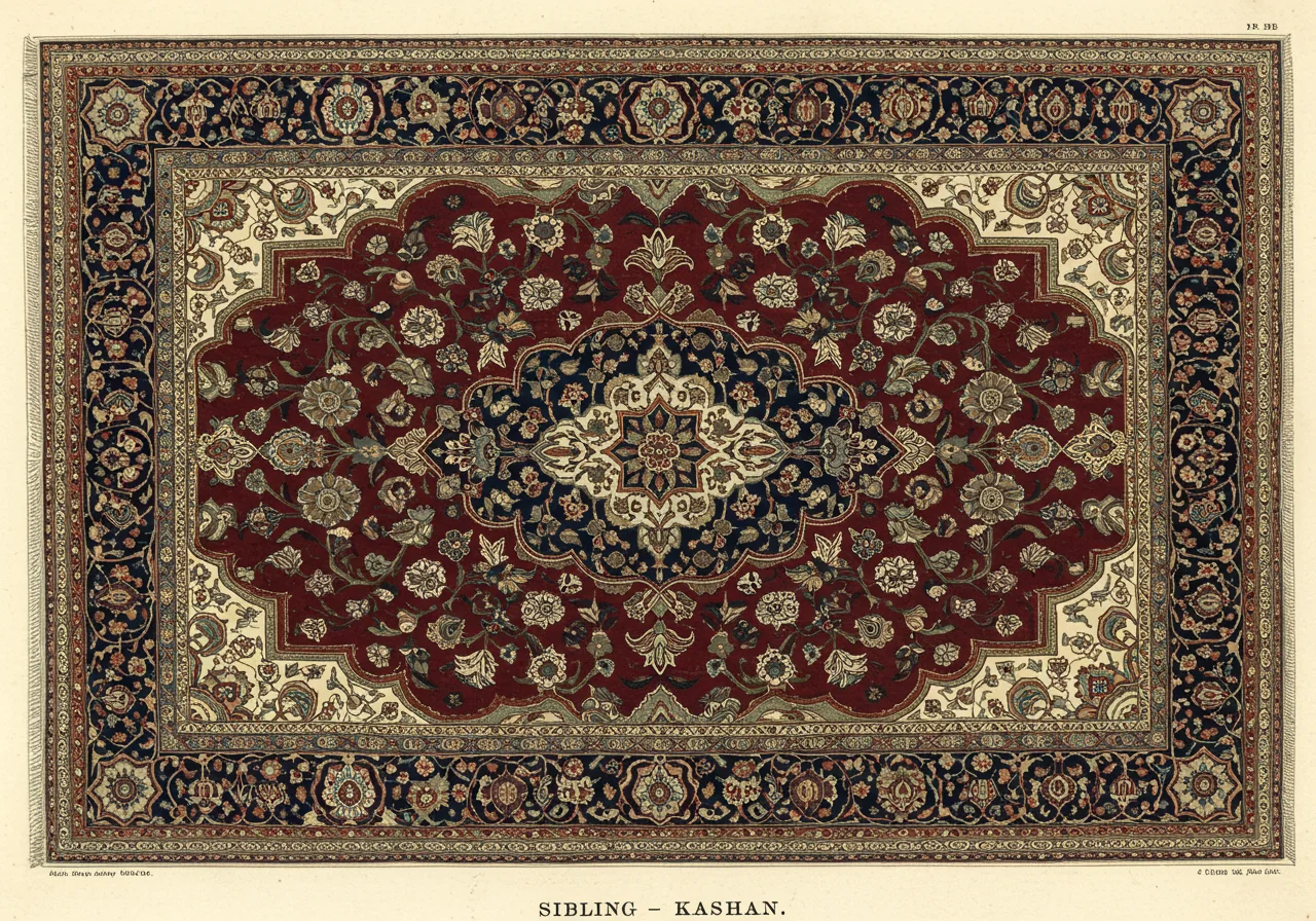A Kashan rug with deep wine-red field, navy curvilinear central medallion, ivory spandrels with formal arabesque, and densely-packed curvilinear floral throughout