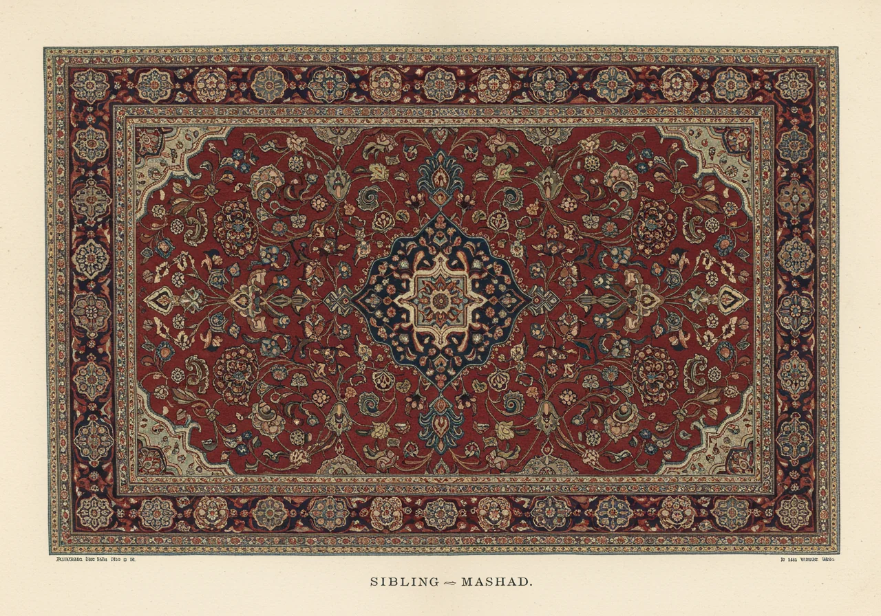 A Mashad rug with single navy curvilinear central medallion on a deep wine-red ground, dense allover floral field carrying through to the border without spandrels