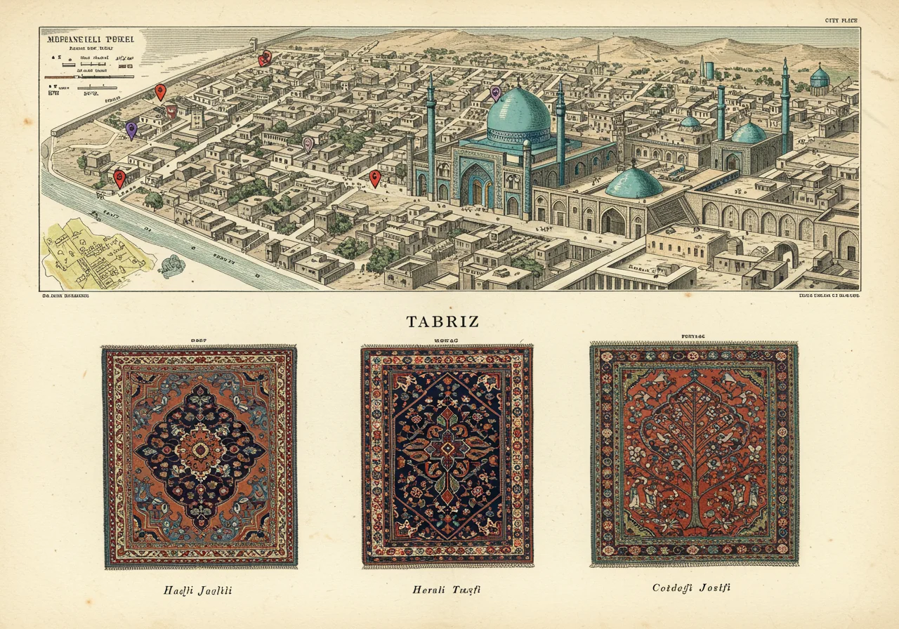 A page from a Victorian connoisseur's portfolio on Tabriz — city map locating the principal workshops in the bazaar district, design archetypes, and the master signatures of Hadji Jalili and Mostofi