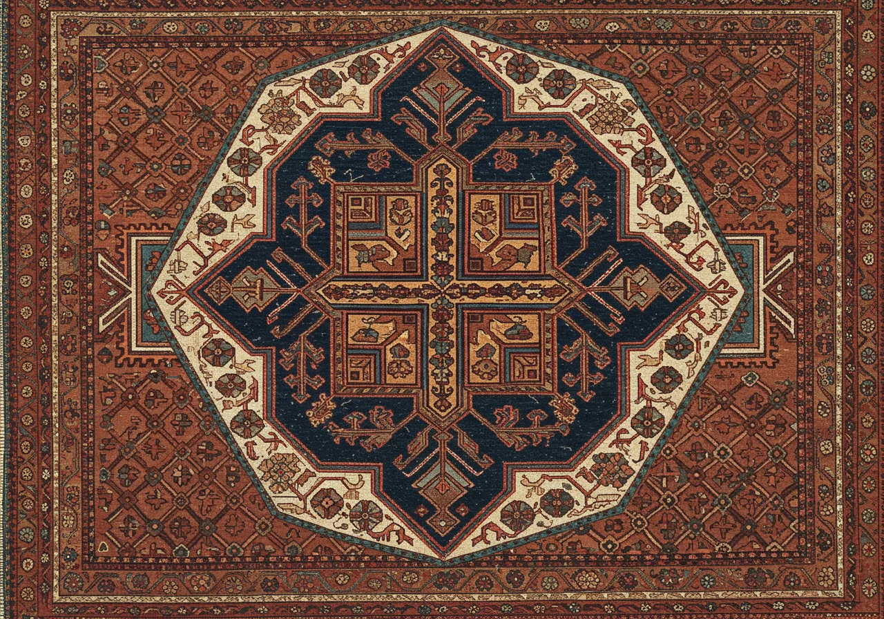 A close detail of a Tekke gül — stepped octagonal medallion with characteristic inner cross-and-quarter division