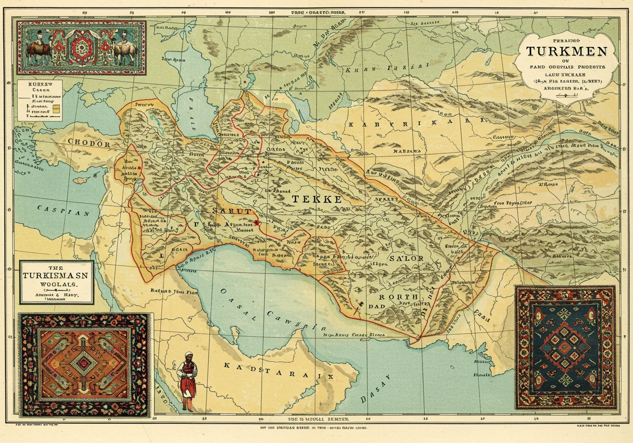 A Victorian connoisseur's portfolio on the Turkmen tribes — map of Trans-Caspia with tribal locations, archetype güls